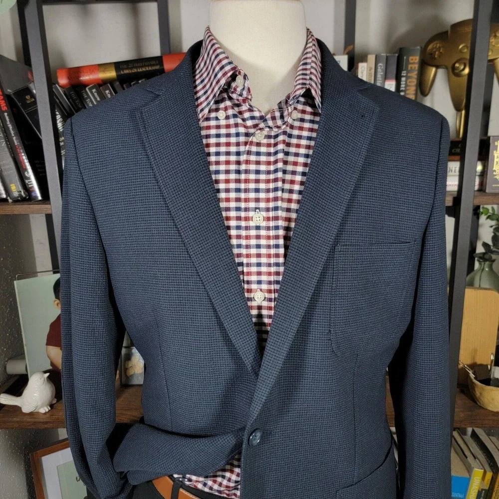 Zanetti Mens Seersucker‎ Sport Coat Two Button Navy Checked Slim Size XL